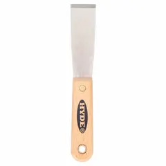 Standard scraper with a stiff, straight carbon steel blade and a hardwood handle. Designed for applying and smoothing putty, filler, or spackle, as well as scraping paint and adhesive residue during surface preparation.