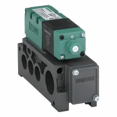 Single solenoid, spring return, four-way, two-position pneumatic valve. Maximum flow rate 69 cfm. Operates on 110-120V AC with non-locking plug-in connector. Used to control compressed air flow to cylinders or actuators in industrial automation systems.