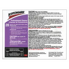 Secondary container label for identifying transferred chemicals. Measures 8 1/2 inches wide by 11 inches tall. Legend reads 'Scotchgard Carpet E Pretreatment Cleaner 28'. Supplied in a 12-pack.
