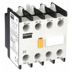 This auxiliary contact block is designed for front-mount installation on contactors and relays. It provides two normally open and two normally closed circuits for signaling or interlocking applications. Rated for a maximum AC current of 2.5 A.