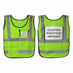 Class 1 safety vest made of lime green nylon with hook-and-loop closure. 62-inch length. Legend insert style allows for custom text or logos. Suitable for low-risk environments such as parking lots, warehouses, or general site access.
