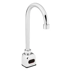 Battery-powered sensor faucet with brass construction and chrome finish. Single-post design with 0.5 gpm flow rate and in-line filter. Suitable for touch-free handwashing in commercial restrooms and public spaces.