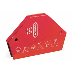 This welding magnet holds ferrous workpieces at preset angles of 30°, 45°, 60°, 75°, and 90° with a maximum pull force of 50 lb. It is used in metalworking and fabrication to maintain joint alignment hands-free during welding or assembly.