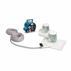 Supplied-air respirator system for two users. Includes a double bib hood headgear and an integrated blower. Used in industrial environments where airborne contaminants require respiratory protection, such as painting, chemical handling, or grinding.