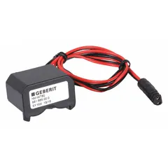This power adapter is constructed from metal and includes wire leads for connection. It is designed for use with sensor-operated faucets in the Etronic 40 series. The adapter converts power to support automatic faucet operation in commercial restroom and healthcare settings.
