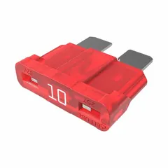 Fast-acting blade-style fuse rated 10 A at 32 V DC. Features an indicating element for visual identification of an open circuit. Suitable for overcurrent protection in DC circuits up to 32 V, commonly used in automotive electrical systems.
