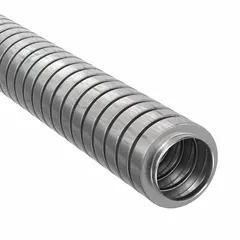 This reduced-wall flexible metal conduit is made of galvanized steel with a gray finish. It has a 3/8 in trade size, 25 ft overall length, 2 in bend radius, 0.38 in inside diameter, and 0.61 in outside diameter. Corrosion resistant, it meets CSA 69271 standards. Used to protect electrical wiring in applications requiring flexibility.
