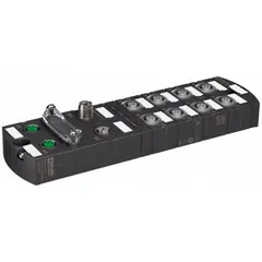 IO-Link master with 8 digital inputs and 8 digital outputs, using a 5-pole A-coded M12 connector. Operates at 24V DC with COM1 transmission and EtherCAT communication. IP67 rated for use in industrial environments requiring protection against dust and water.