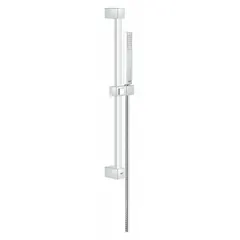 Chrome-finished handheld showerhead from the Euphoria Cube series. Includes hose, mounting bracket, and slide bar. Flow rate 2.5 gpm, showerhead width 4 1/2 in. Suitable for washdown stations and facility hygiene applications.