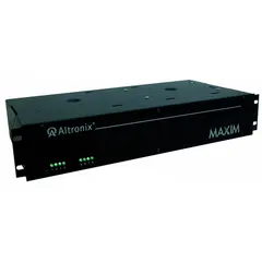 Steel-enclosed power supply board accepting 115V AC input. Provides selectable output of 12 VDC at 3.5 A or 24 VDC at 3 A across 8 fuse-protected circuits. Used to distribute fused DC power in security, access control, and industrial automation systems.