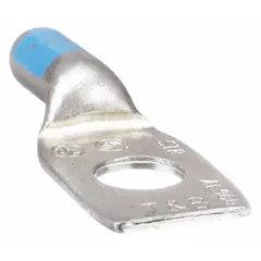 One-hole compression lug for terminating 8 AWG solid or stranded aluminum wire. Long type with a 3/8 in stud size. Suitable for power distribution and control panel connections.