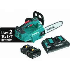 Battery-powered chainsaw with top handle design, 18 V motor, and 30 cc equivalent displacement. Features a 14-inch bar length and adjustable/automatic chain oiler. Suitable for tree care, pruning, and light-to-medium cutting tasks such as branch trimming and limbing.
