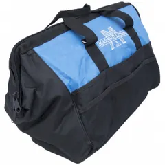 This nylon wide-mouth tool bag measures 20 inches wide by 8 1/2 inches deep by 13 1/2 inches high. It features 19 pockets for organizing hand tools and accessories. The bag is constructed from black nylon, providing a portable storage solution for job site use.