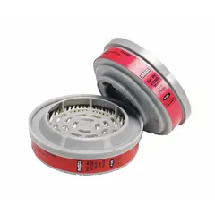 Magenta-colored P100 filter with bayonet connection, designed for use with MSA Advantage Series reusable respirators. NIOSH-rated P100 for high-efficiency particulate filtration. Sold as a 2-pack. Suitable for protection against dusts, mists, and fumes in industrial environments.