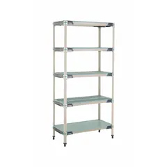 This stationary shelving unit features a 304 stainless steel frame and five polymer shelves with built-in antimicrobial resistance. With an overall height of 74 inches, it is suited for storage in environments where hygiene is a concern, such as food processing or healthcare settings.