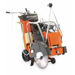 Walk-behind concrete saw for wet cutting of concrete slabs, roads, and floors. Features a 20 in blade diameter, 7 5/8 in max cutting depth, and supports gasoline and electric operation.