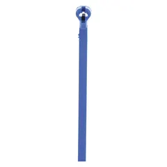 Metal-detectable cable tie for indoor applications where contamination detection is required. Nominal length 3-1/2 in, maximum bundle diameter 5/8 in, width 0.09 in. Blue color, 100 pieces per pack. Not rated for outdoor use.