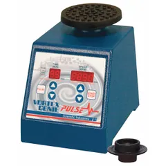 This GENIE vortex mixer features digital control and a Pop-Off Cup for secure tube holding. It operates at a speed range of 500 RPM to 3,000 RPM, suitable for mixing, blending, and agitating small-volume liquid samples in laboratory settings.
