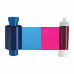 Full-color ribbon for ID card printers, delivering 100 prints per roll. Overall dimensions: 5 1/4 in height, 3 1/8 in width. Used for producing identification cards such as employee badges and access control cards.