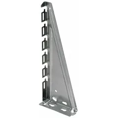 This steel bracket with a galvanized finish provides a mounting point for wire mesh cable tray systems. It supports and secures cable runs in industrial, commercial, and data-center environments, ensuring organized cable management and load distribution along tray runs.