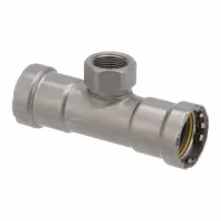 VIEGA MEGAPRESS Crimp Tee Fitting: 1 1/4 in Pipe x 1 1/4 in Pipe x 1 in Pipe Size, Carbon Steel (MPN 25501)