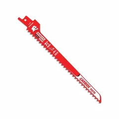 Carbide reciprocating saw blade with 5 teeth per inch, 7-3/8 in length, and 0.05 in thickness. Tapered and flexible design enables curved cuts in wood. Suitable for pruning, demolition, and general construction applications.