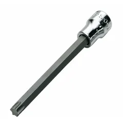 This Torx bit socket features a T45 tip size and 3/8 in drive, with an overall length of 5 in. It is designed for driving T45 Torx fasteners in assembly, maintenance, and repair tasks. The replaceable insert allows for extended tool life.