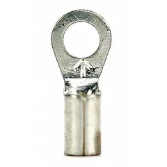 Non-insulated ring terminal with butted barrel and seam construction. Rated for 600 V, accommodates 4 AWG wire, and fits 3/8 in studs. Used for secure electrical connections in power distribution and equipment wiring.