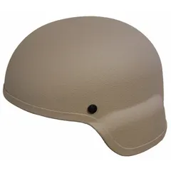 Level IIIA ballistic helmet constructed from aramid material with a tan finish. Features a high cut design for compatibility with communication headsets and night vision devices. Pad thickness of 3/4 inch provides impact attenuation. Suitable for tactical operations requiring protection against handgun rounds and fragmentation.