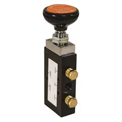 Steel manual air valve for controlling tailgate pneumatics on heavy dump trucks. Rated to 120 psi. Black unfinished finish. Suitable for pneumatic actuation in heavy-duty tailgate control systems.