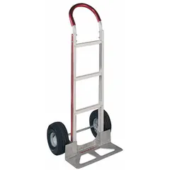 This corrosion-resistant hand truck features a silver aluminum frame and pneumatic tires, with a flow-back design. The 52-inch handle height supports ergonomic operation. Suitable for moving loads in industrial, warehouse, and commercial settings, particularly in outdoor or wet environments.