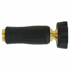 This twist-type hose nozzle is constructed from brass and features a 3/4-inch connection size. It is rated for a maximum temperature of 100°F. The twist design allows adjustment of the water stream for various outdoor watering and cleaning tasks.