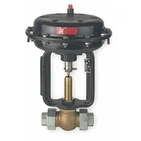 This bronze pneumatic globe valve has a 1 in pipe size with FNPT x FNPT connections. It features a stainless steel disc and an air-to-spring actuator configured for fail-open operation. Suitable for flow regulation in industrial piping systems handling water, steam, or non-corrosive fluids