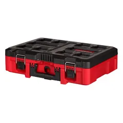 Black/red plastic tool case with latch closure, part of the PACKOUT modular system. External dimensions: 14 7/8 in W x 5 15/16 in H x 15 3/16 in D. Includes a customizable insert for organizing hand tools, power tool accessories, and small parts.