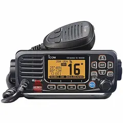 The ICOM M330G BLACK is a vehicle-mounted marine VHF radio with analog and digital operation, DSC, and GPS. It delivers 25 W across 1,065 channels in the 156.05–163.275 MHz range, featuring Tag Scan and Favorite Channel functions. With an IPX7 rating and FCC Part 80 compliance, it is suited for vessel communication and distress signaling in commercial and recreational maritime applications.
