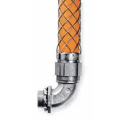 Non-insulated 90° elbow liquid-tight conduit fitting with strain relief for 1 1/2 in trade size. Features a steel body and stainless steel mesh with 13 1/2 in length. Used to protect and route electrical wiring in industrial environments requiring liquid-tight connections.