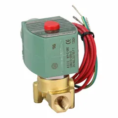 This 2-way, 2-position normally closed solenoid valve features a brass body and is designed for high-flow applications. It operates on 24V AC and has a 1/4 in pipe size. The coil enclosure is supplied without a junction box. Typical uses include on/off control of water, air, and light oil in industrial fluid systems.