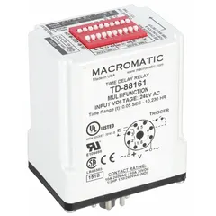 Socket-mounted time delay relay with plug-in mounting and 8 pins. Operates on 240V AC input voltage, rated for 10A. Multi-function delay allows selection of different timing modes for industrial control applications such as motor control, conveyor systems, and HVAC equipment.