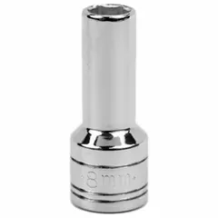 This 3/8" drive hand socket has an 8 mm, 6-point deep design with a chrome finish. It is used for tightening or loosening metric fasteners in automotive repair, machinery maintenance, and industrial assembly.
