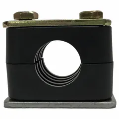 Steel clamp with polypropylene cushion for securing 7 lines. Ribbed bore and textured core design dampen vibration in piping systems. Used for routing and supporting multiple tubes or hoses in industrial installations.