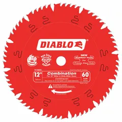 This 12-inch diameter circular saw blade features 60 teeth and a combo tooth configuration for both ripping and crosscutting wood. With a 0.12-inch kerf and 1-inch arbor, it is suited for general wood cutting tasks such as framing, decking, and construction.