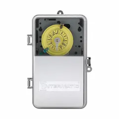 This electromechanical timer switch provides 24-hour automatic on/off control for outdoor electrical loads. It operates at 120V AC with a DPST switching configuration, allowing independent control of two circuits. The plastic body is designed for surface mounting and outdoor use. Typical applications include exterior lighting, signage, pumps, and ventilation equipment.