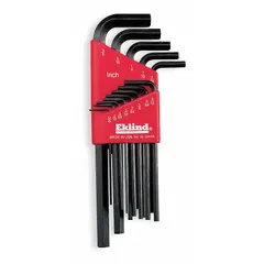 This L-shaped hex key set includes both metric and SAE sizes with standard and long ends, organized in a holder. The bright finish resists corrosion. Used for manual tightening or loosening of hex socket screws and bolts in assembly, maintenance, and repair tasks.