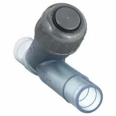 PVC Y-style piston check valve with spigot x spigot connections for 1 in pipe size. Prevents backflow in piping systems. Suitable for industrial flow-control applications requiring corrosion resistance.