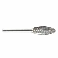 This carbide bur features a ball-nosed tree/inverted cone combination shape, trade number SF-5CO, with a 1/2" x 1 1/4" head and 1/4" shank. It is used for deburring, shaping, and finishing of metals, plastics, and composites, particularly in tight corners and undercuts common in die and mold work, as well as general machining and fabrication