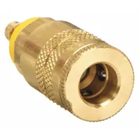 This brass quick-connect coupling body is part of the industrial interchange series for pneumatic systems. It features a 1/4 in body size with a male 1/4 in hose fitting and sleeve locking type. Used to connect pneumatic tools and hoses in compressed air lines for quick, secure connections