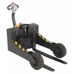 This all-terrain electric pallet jack is designed for moving palletized loads on uneven surfaces such as construction sites and outdoor yards. It features low-profile steel forks measuring 48 in length by 25 in width, with a 25 in width across forks and 16 in width between forks. Powered by a 12V lead acid battery, it is suitable for warehouses and industrial environments where standard pallet jacks may struggle.