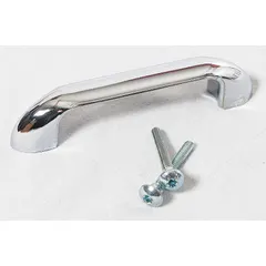 Zinc door pull with a bright finish, measuring 1 inch in height and 4 1/4 inches in width. Includes fasteners for installation. Compatible with plastic laminate partition material. Used as a hand grip for opening and closing bathroom partition doors in commercial restrooms and public facilities.