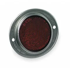 Round red mounted reflector with acrylic lens. Overall length and width 4 11/16 inches. Meets FMVSS standards. Used on vehicles, trailers, and equipment for side and rear marking to enhance visibility in low-light conditions.