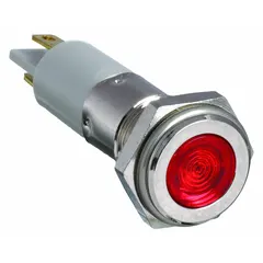 Red LED pilot light with flush head design for panel mounting in a 10 mm hole. Features a 0.11 Male Quick Disconnect electrical connection. Used as a visual status indicator on industrial control panels and machinery.